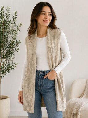 GAP Ribbed Knit Open Front Cardigan Vest Beige Size Medium Cozy Layering